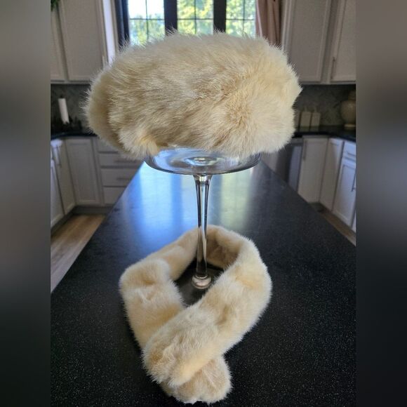 Cream Real Fur Pillbox Hat And Neck Wrap Collar Set Vintage - Picture 1 of 12